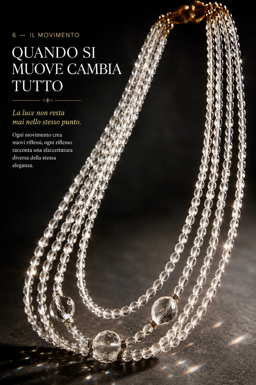 Collana sautoir multi filo con perle in vetro sfaccettato trasparente, fine ‘50s