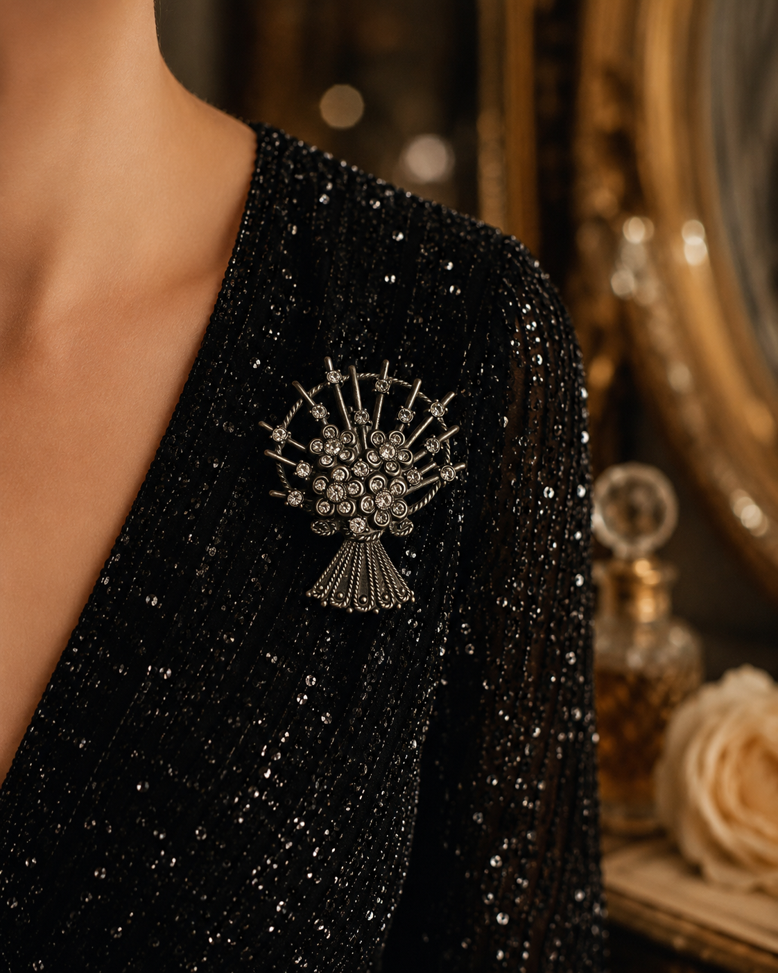 Spilla mid century con bouquet di strass, placcata argento, anni ‘50