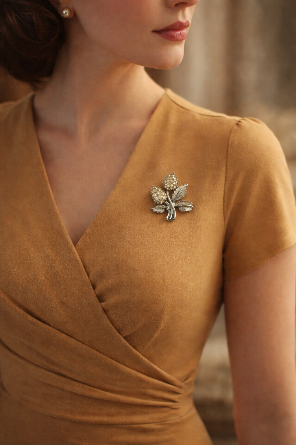 Spilla gioiello anni ‘40 con cristalli miele, infiorescenza di trifoglio