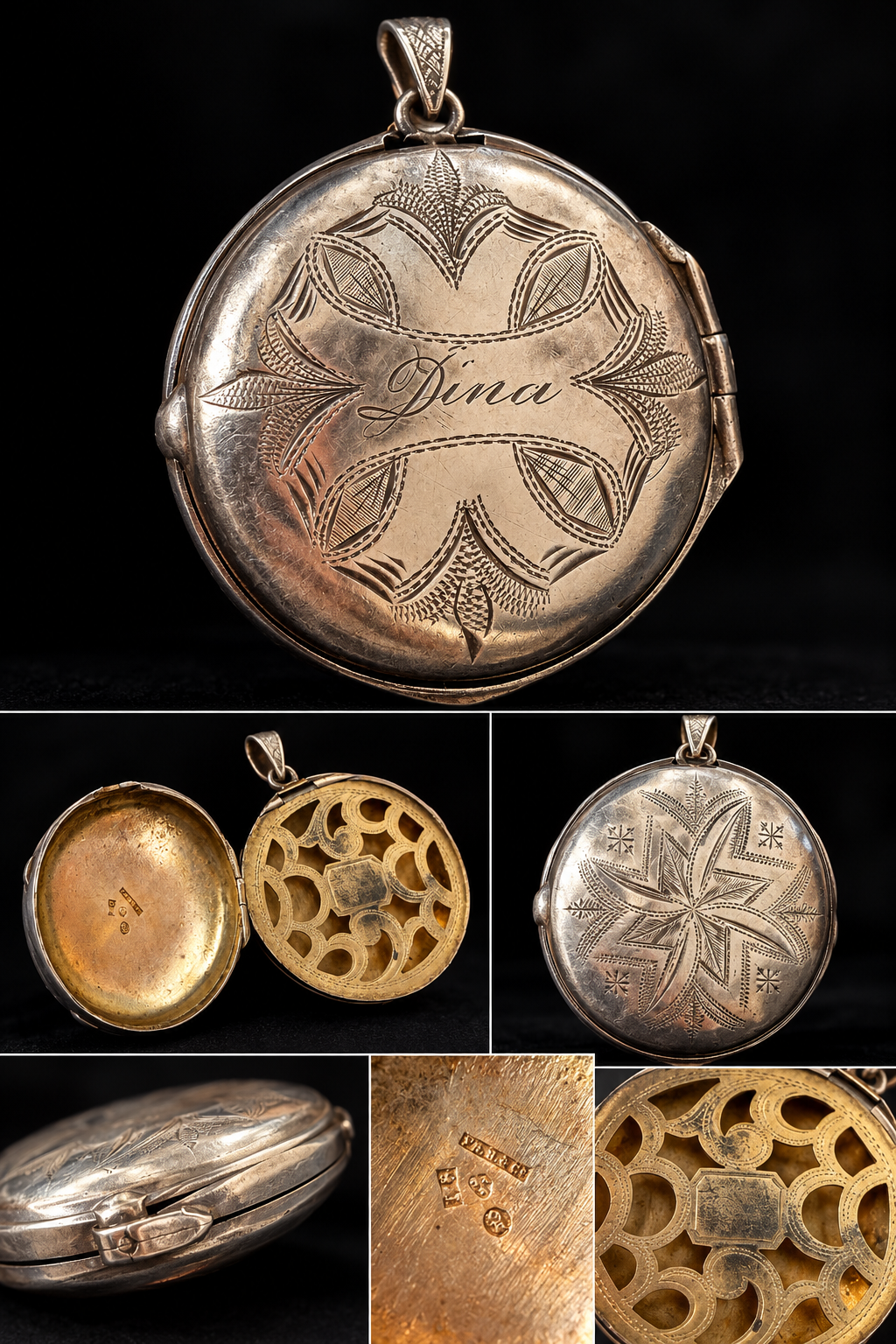 Antica vinaigrette in argento punzonato scandinavo del 1887 con nome inciso “Dina” da châtelaine o catena