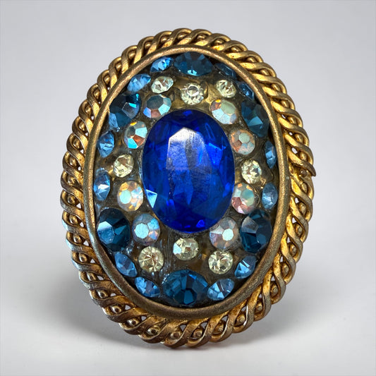 Spilla americana anni ‘60 stile Juliana / Weiss con cristalli blu e azzurri