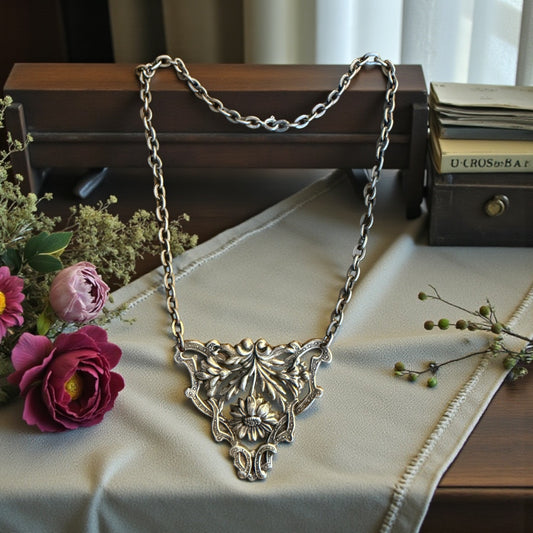 Collier con pendente floreale a giorno Liberty revival, ca anni ‘60 bagno in argento basso titolo