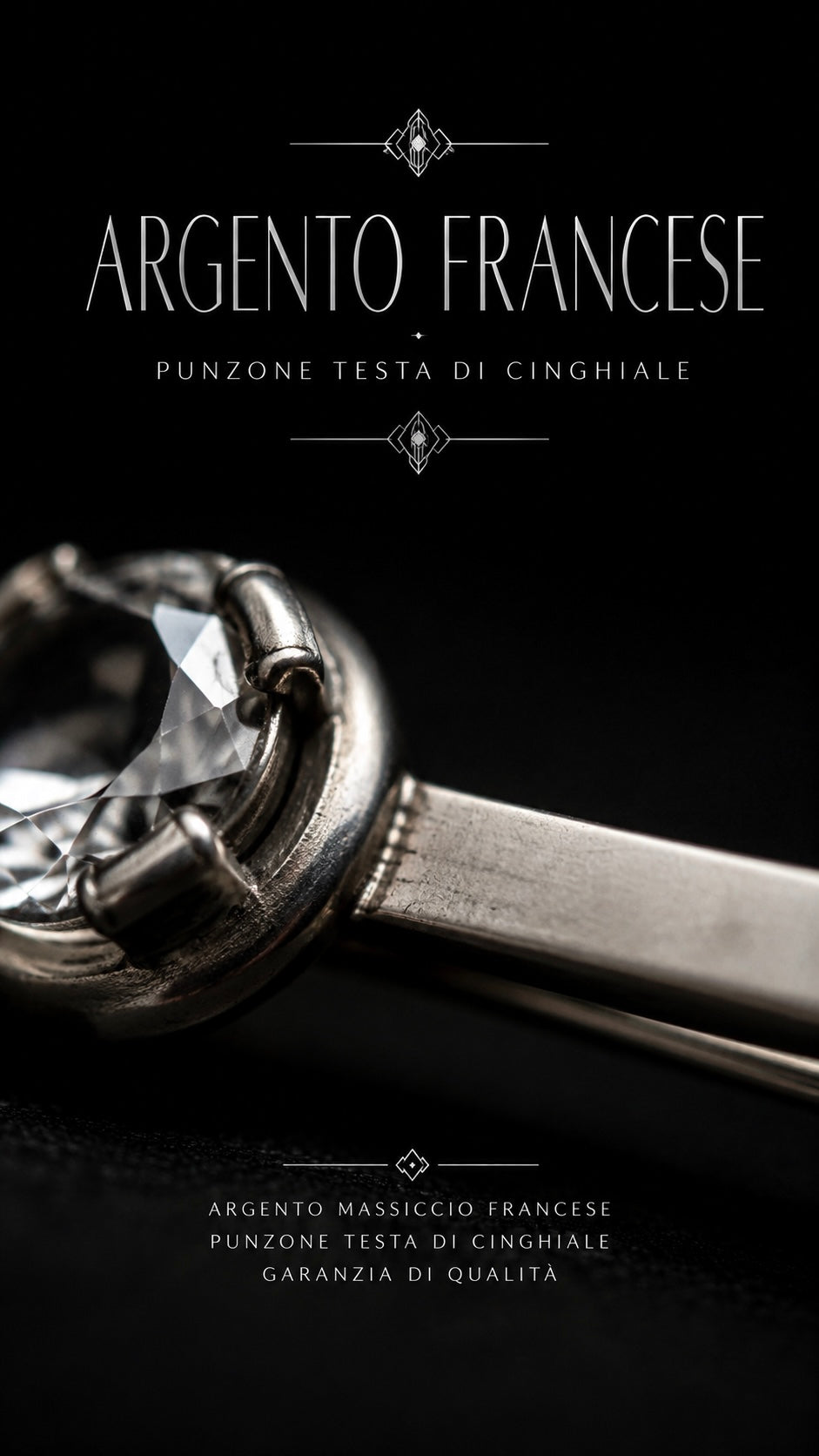 Antica spilla anni ‘20 art déco a barretta in argento massiccio, francese, con stupendo cristallo