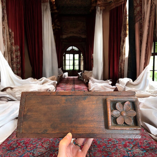 Harpa box indiana, scatola in teak circa 1850 per negoziante