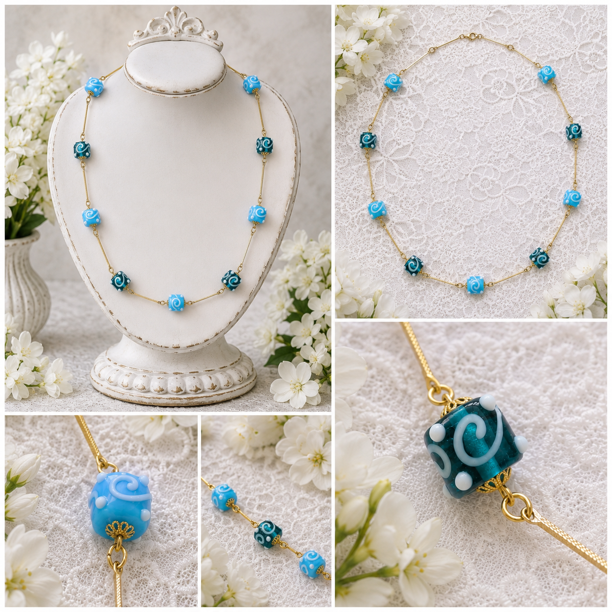 Collana con perle lavorate a lume in vetro veneziano (lampwork) nuova da campionario anni ‘70