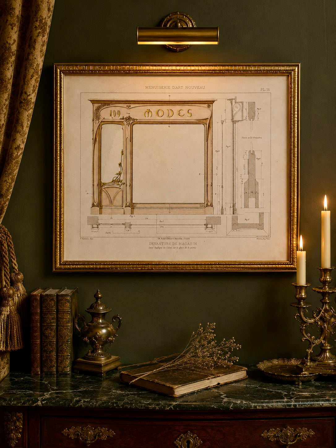 Lotto n.3 grandi tavole Architettura Art Nouveau d’epoca Menuiserie