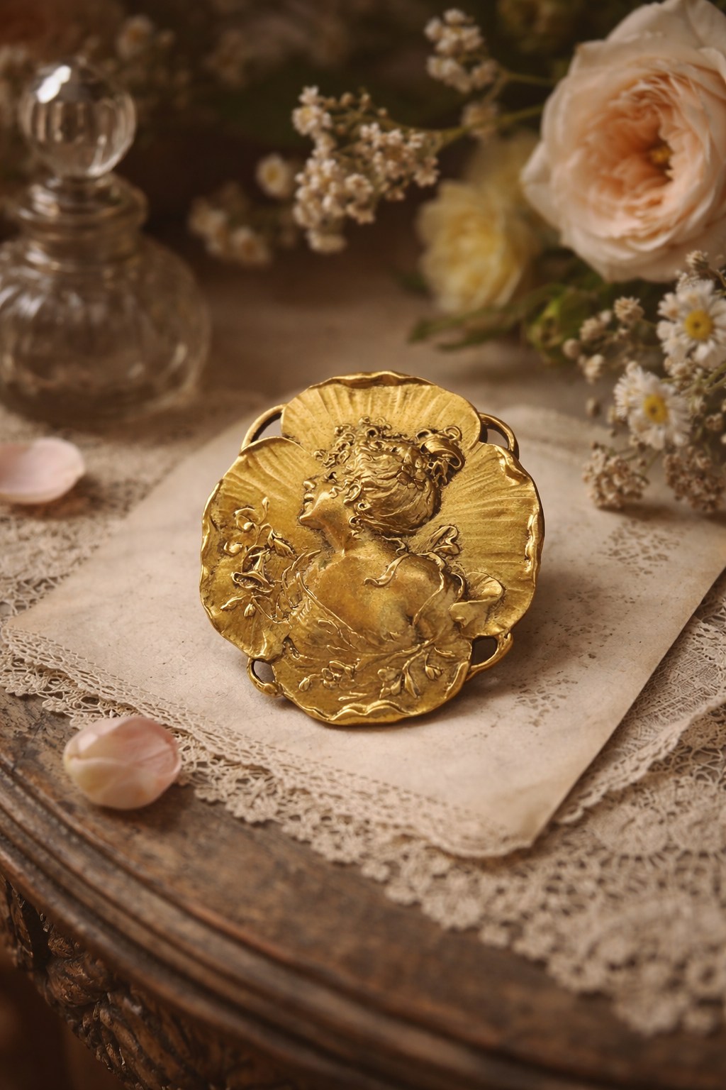 Spilla Art Nouveau dorata con archetipo di donna primissimo ‘900