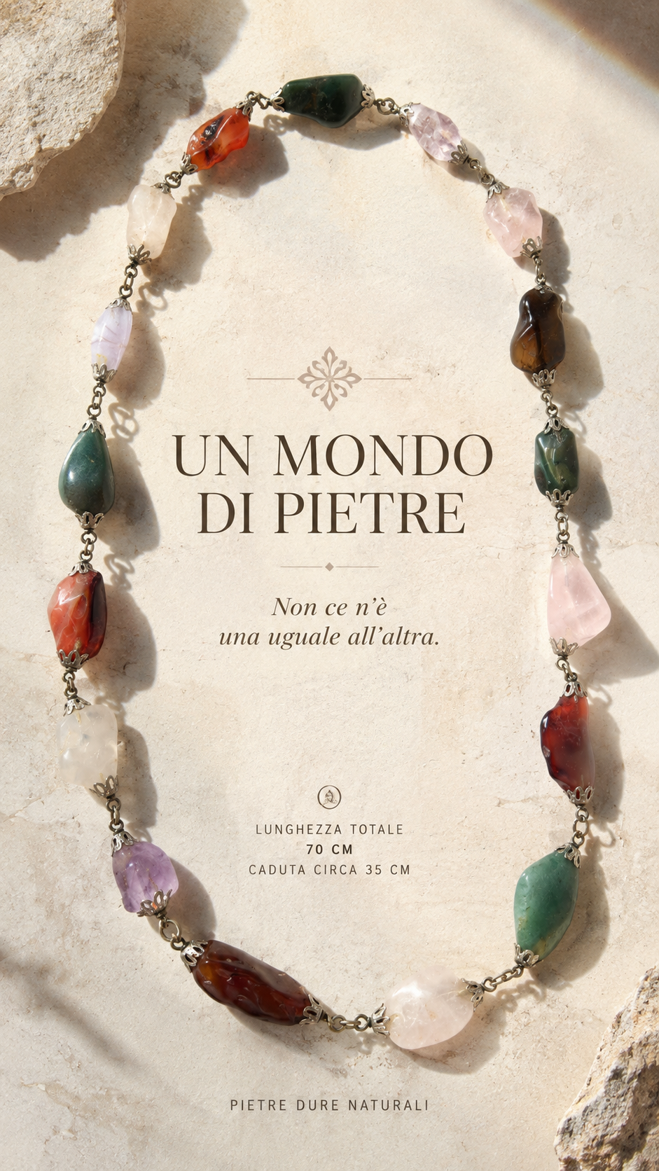 Collana in pietre naturali miste tra cui agata, corniola, quarzo ed altre; 70 cm senza chiusura