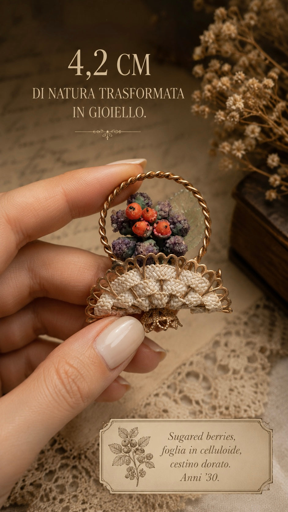 Antica spilla 30s basket brooch con sugared berries d’epoca