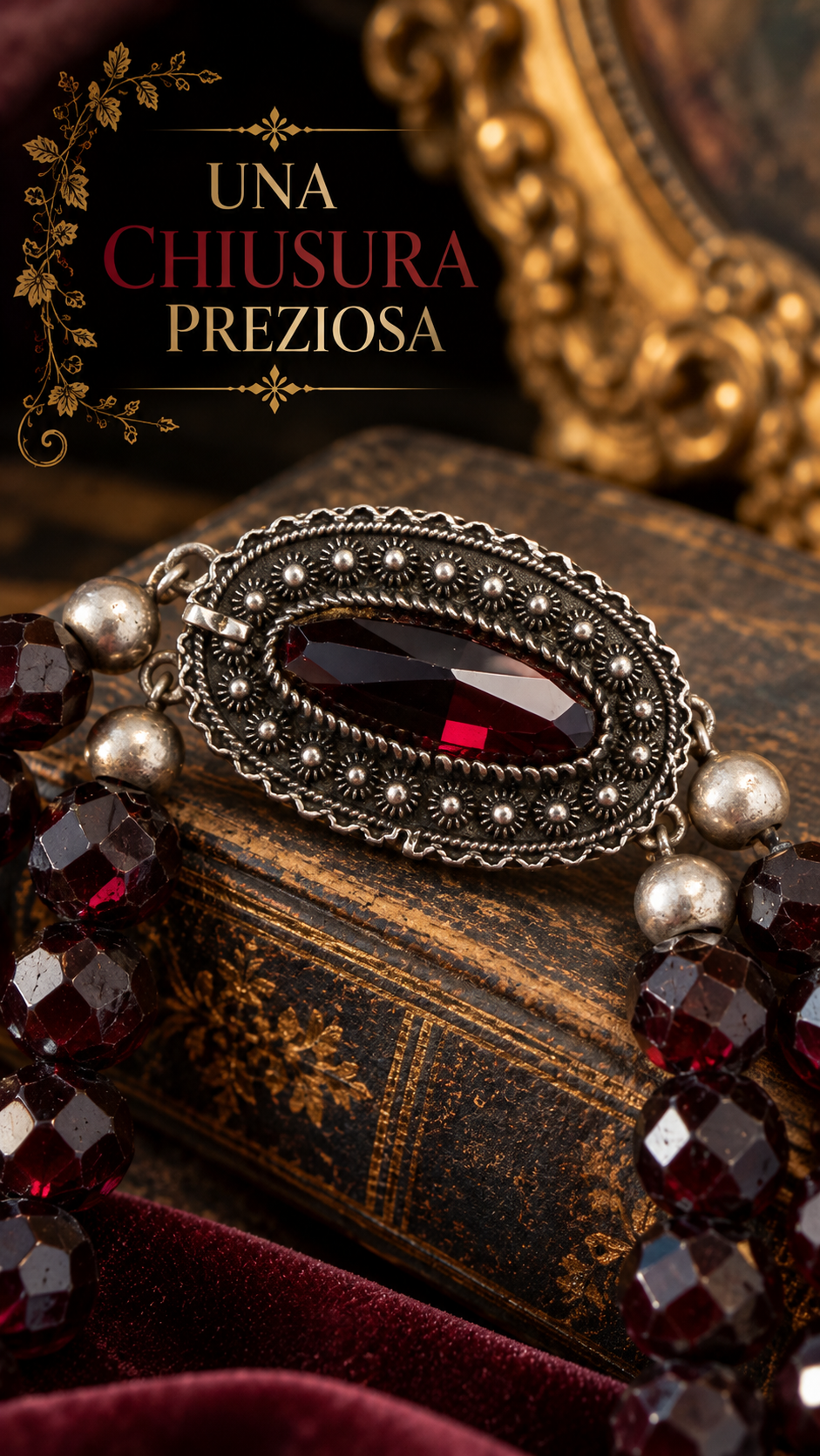 Collier collana a doppio filo incrociato in granati con chiusura gioiello, prima metà ‘900