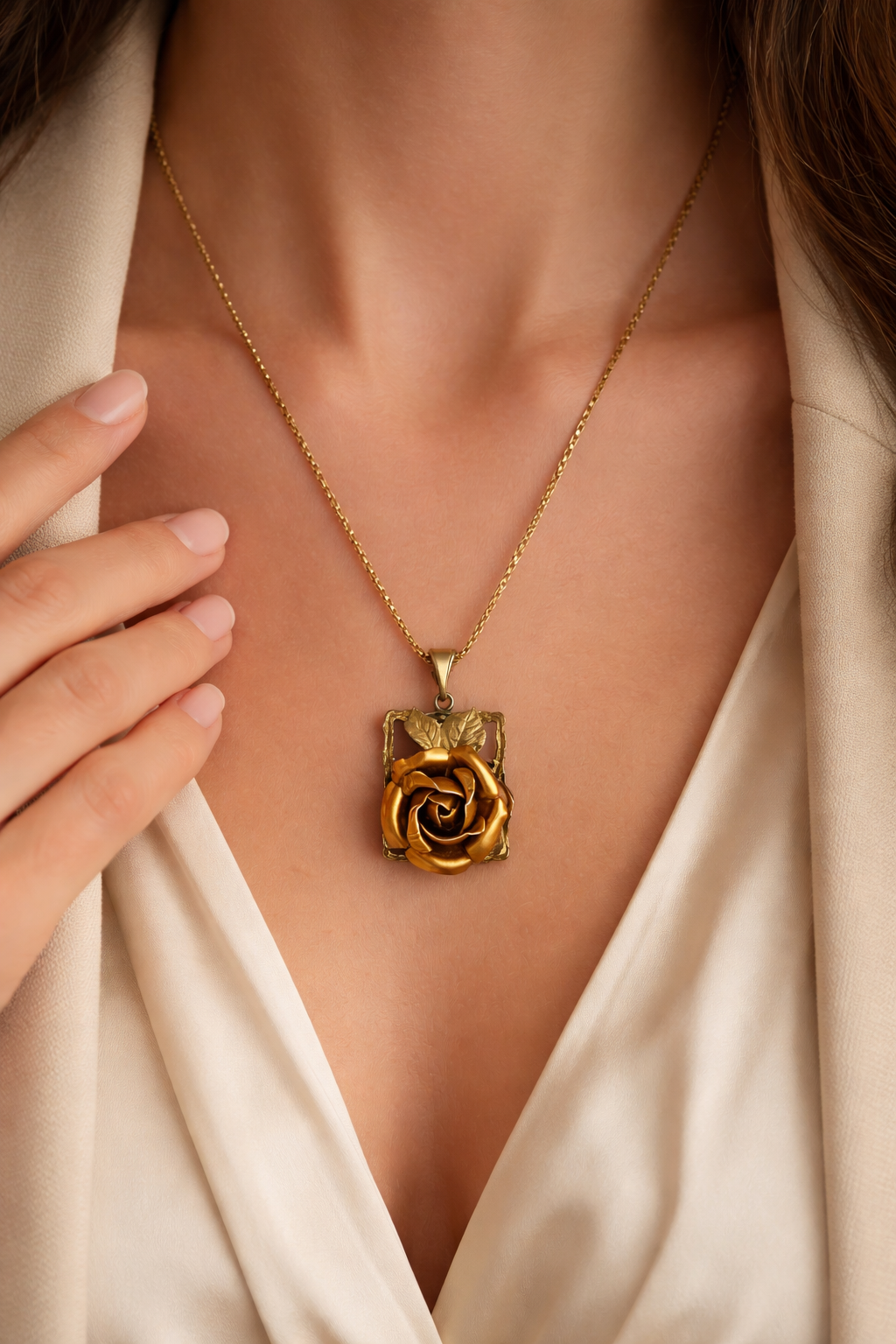 Catena veneziana placcata oro con pendente 60s rosa che sboccia, vintage boho