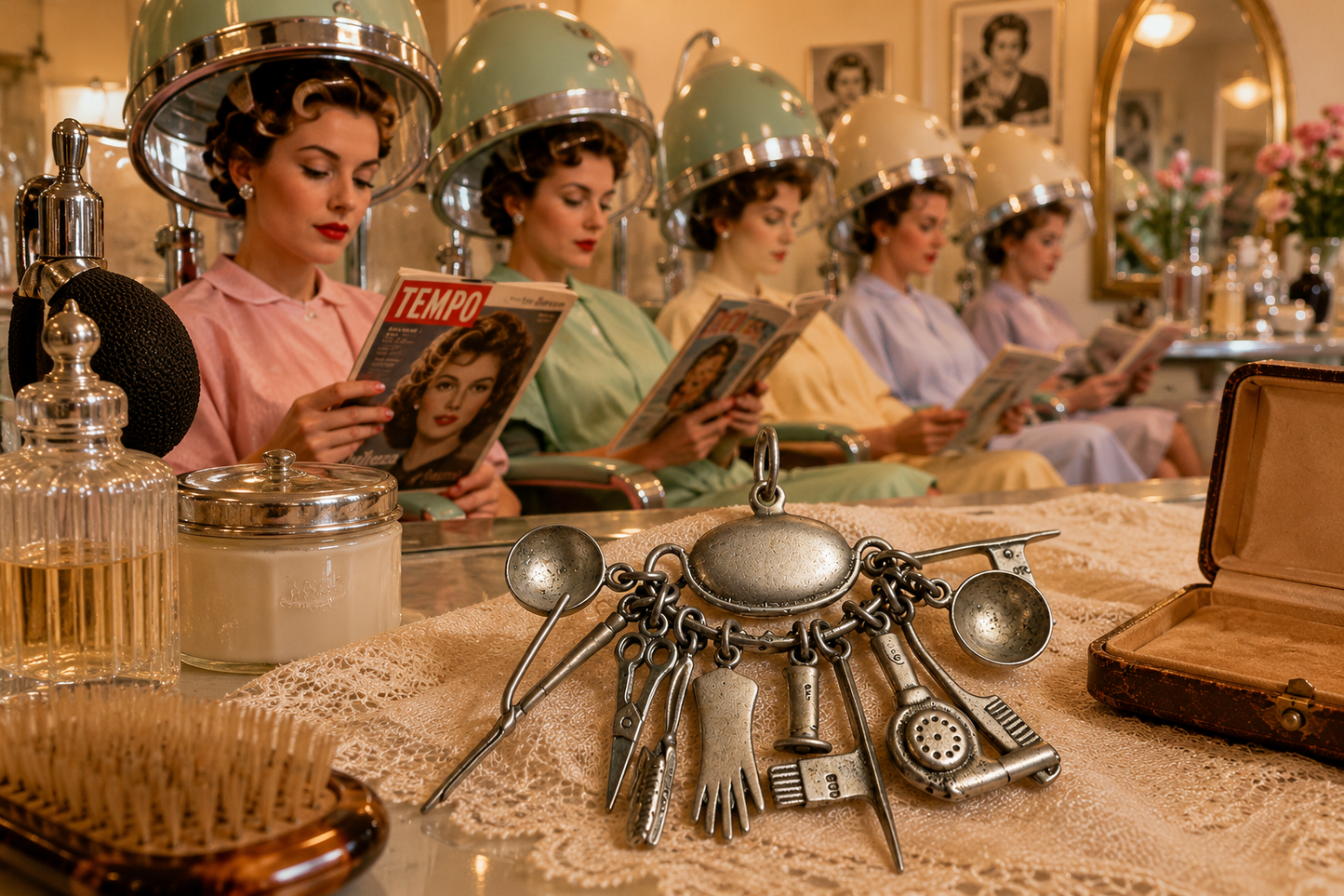 Pendente tematico in argento 800 con miniature, anni ‘50 barber shop / parrucchiere