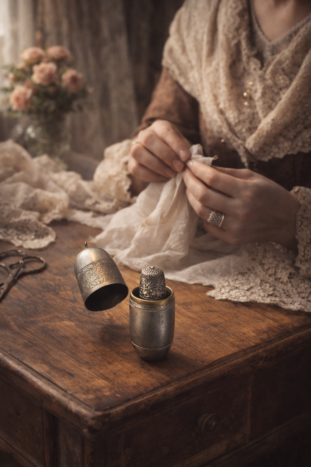 Porta ditale da chatelaine con ditale interno in argento pieno decorato con fragole, fine ‘800