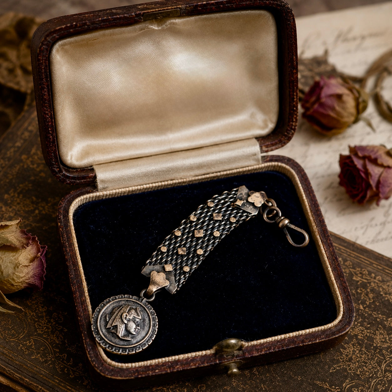 Albert chain da panciotto con maglia argentata e placchette dorate, breloque egittizzante, primissimo ‘900