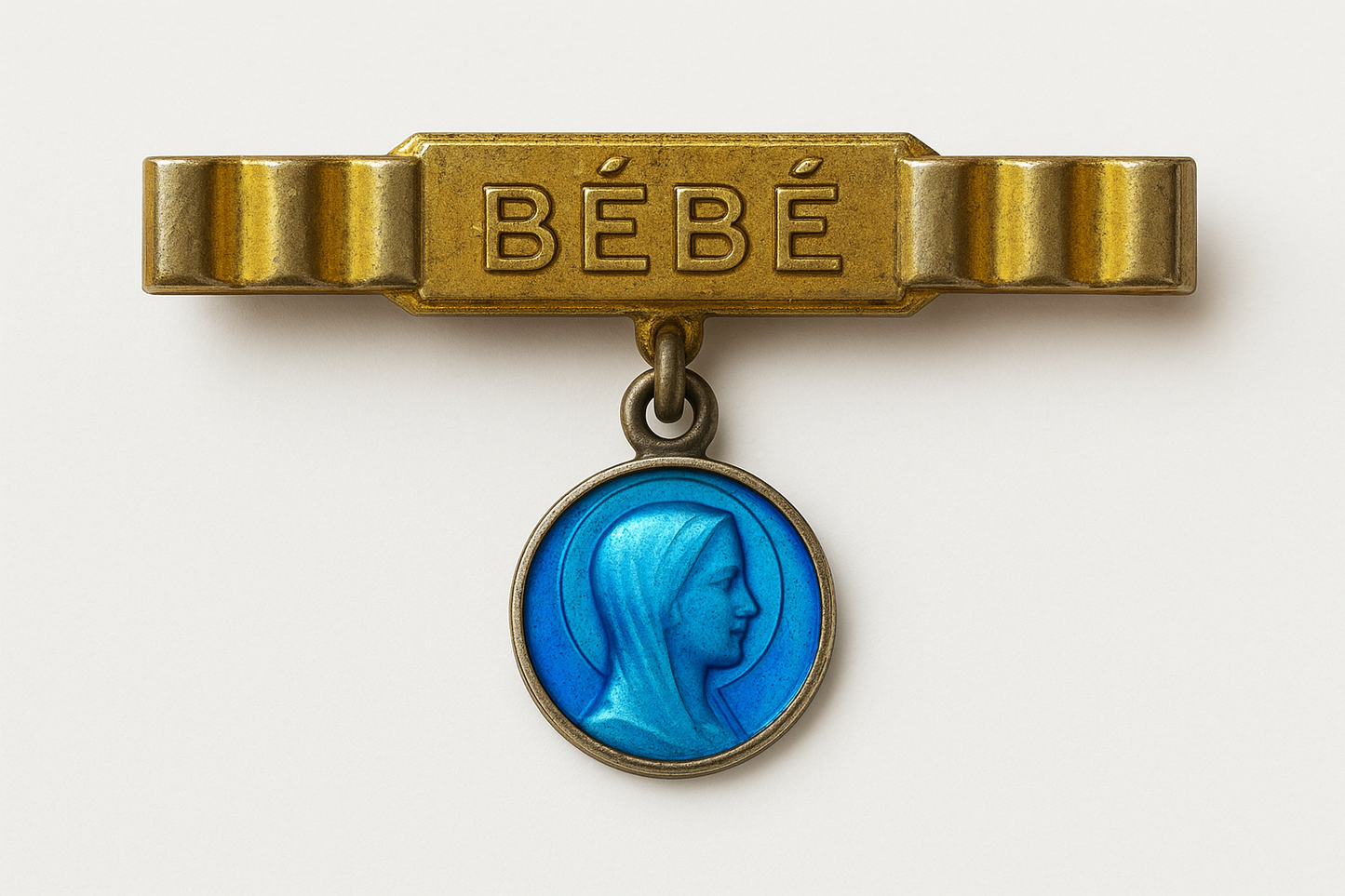 Spilla protettiva da neonato, ar Art déco francese anni ‘20-‘30 con medaglietta della Vergine ￼