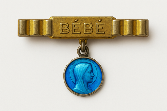 Spilla protettiva da neonato, ar Art déco francese anni ‘20-‘30 con medaglietta della Vergine 