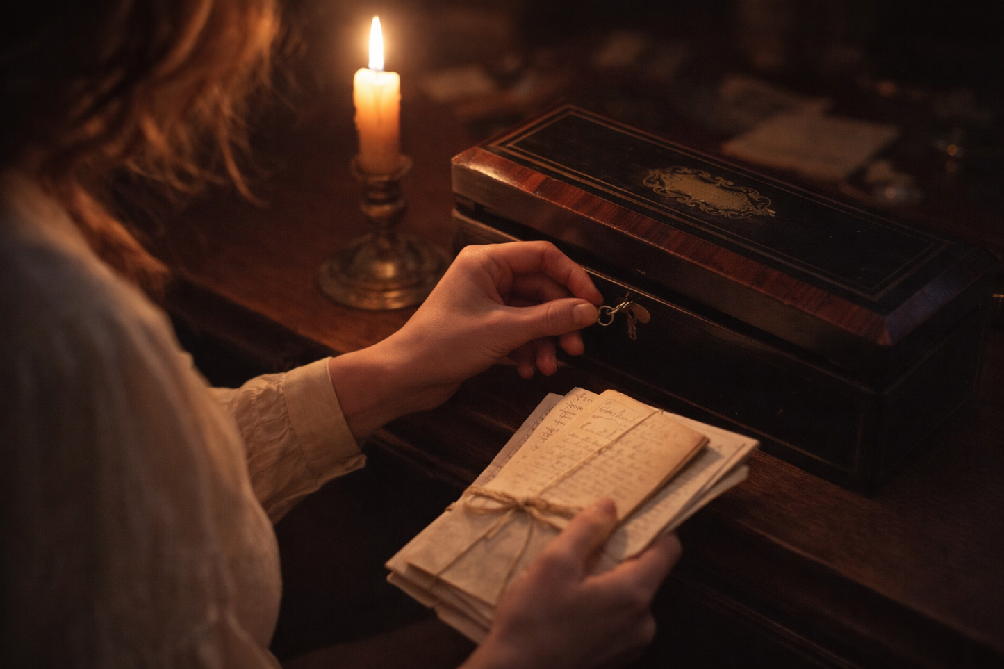 Antico cofanetto per corrispondenza da scrittoio, con ribaltina e chiave, fine ‘800