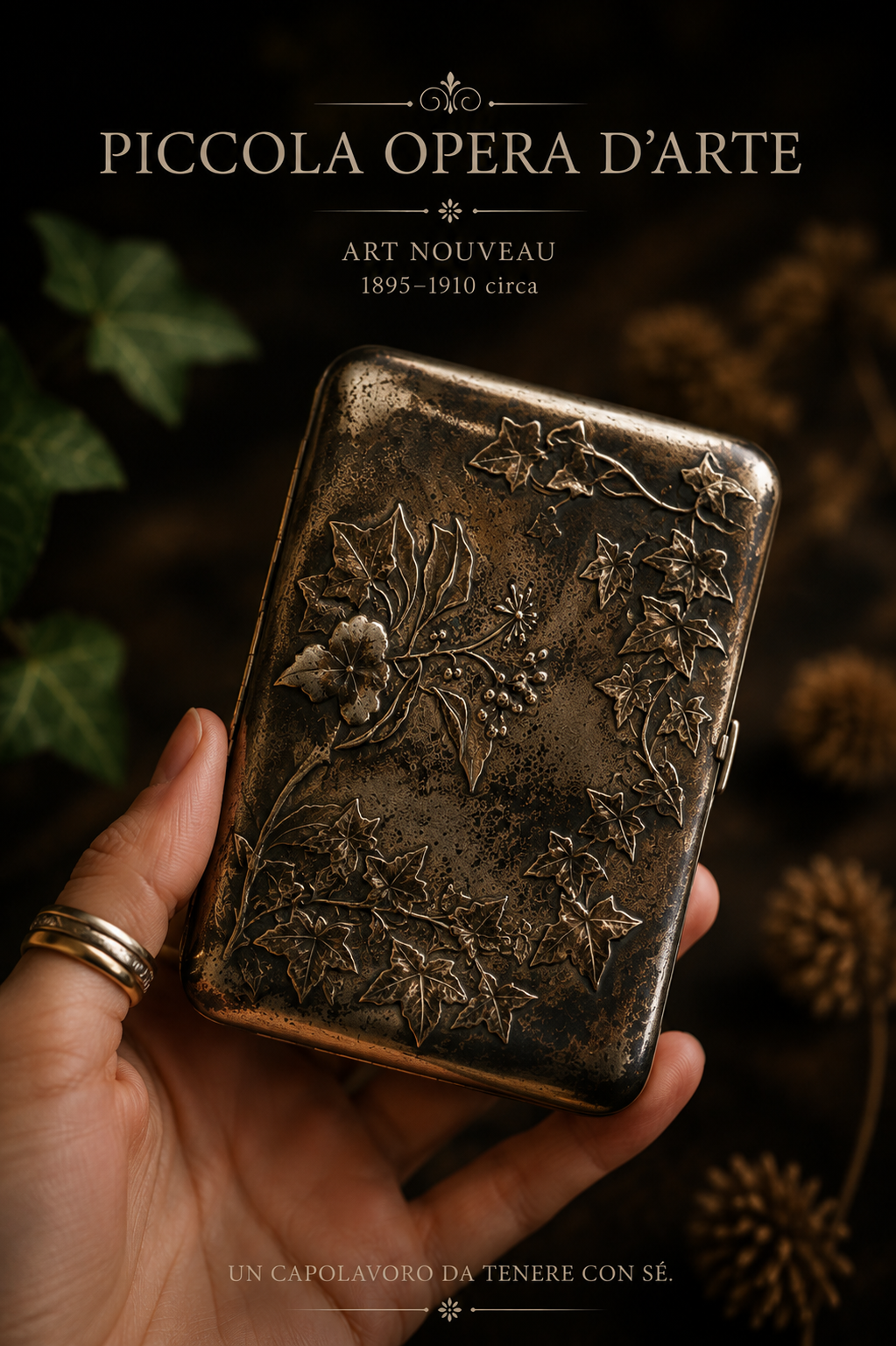Antico portasigarette Art Nouveau a motivo d’edera con elastici originali d’epoca, fine ‘800 - primo ‘900