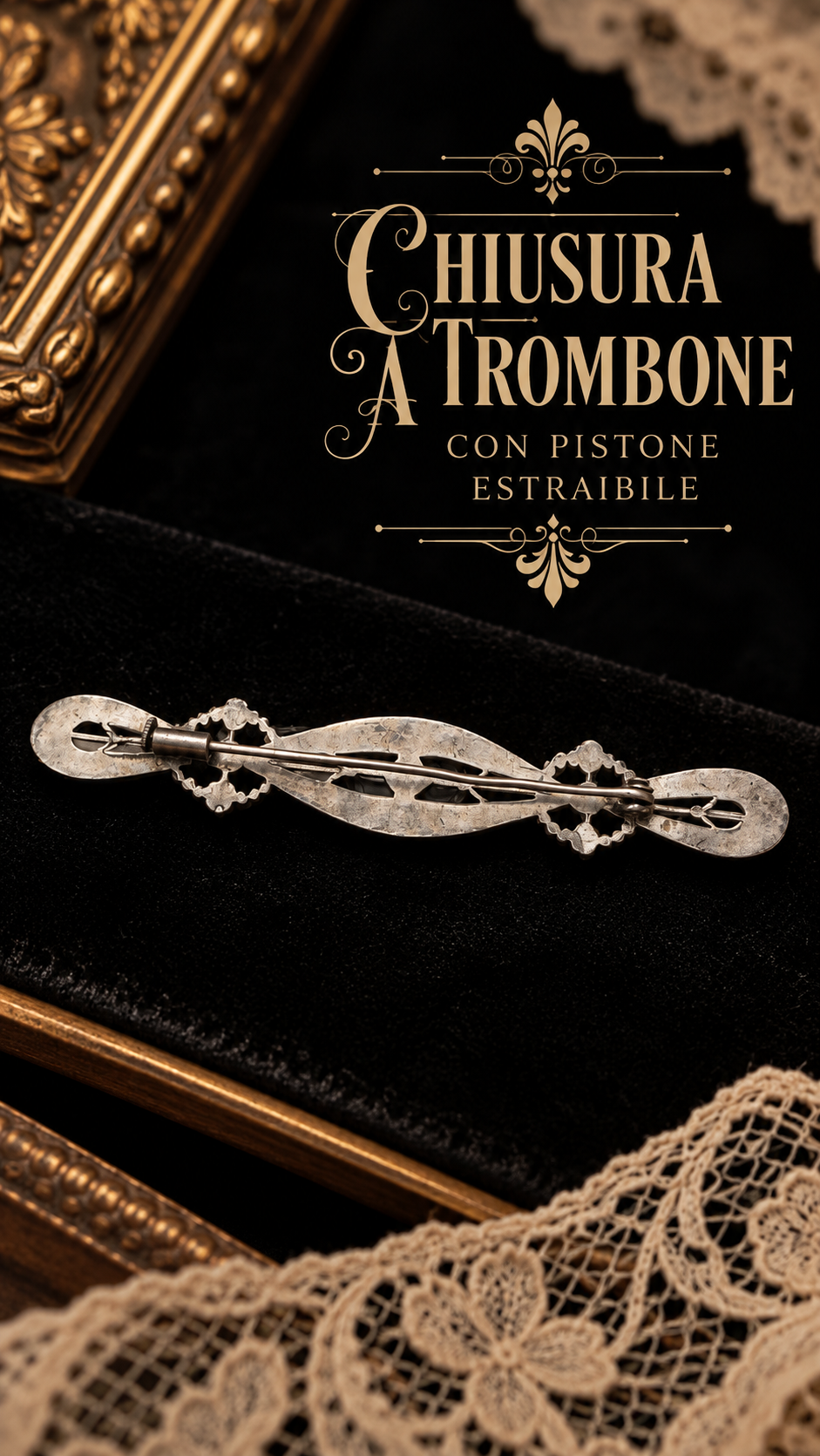 Grande broche de cou spilla placcata argento con vetro perlato e cristalli, anni 20-30