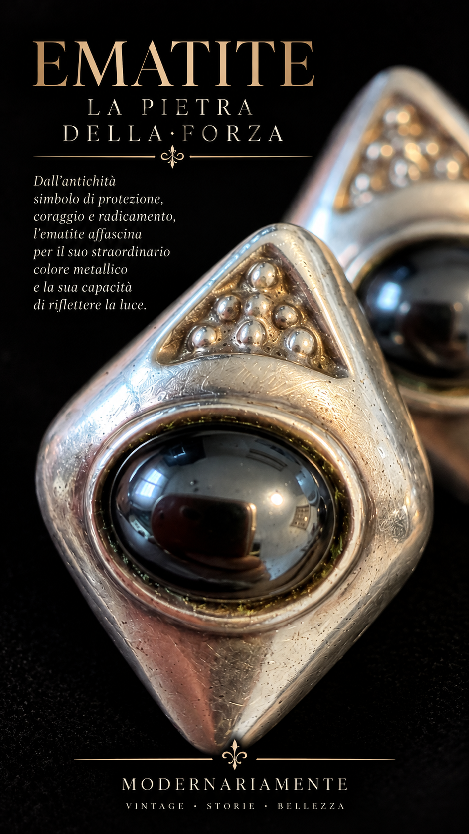 Orecchini design modernista manifattura italiana argento 925 a clip con cabochon ematite