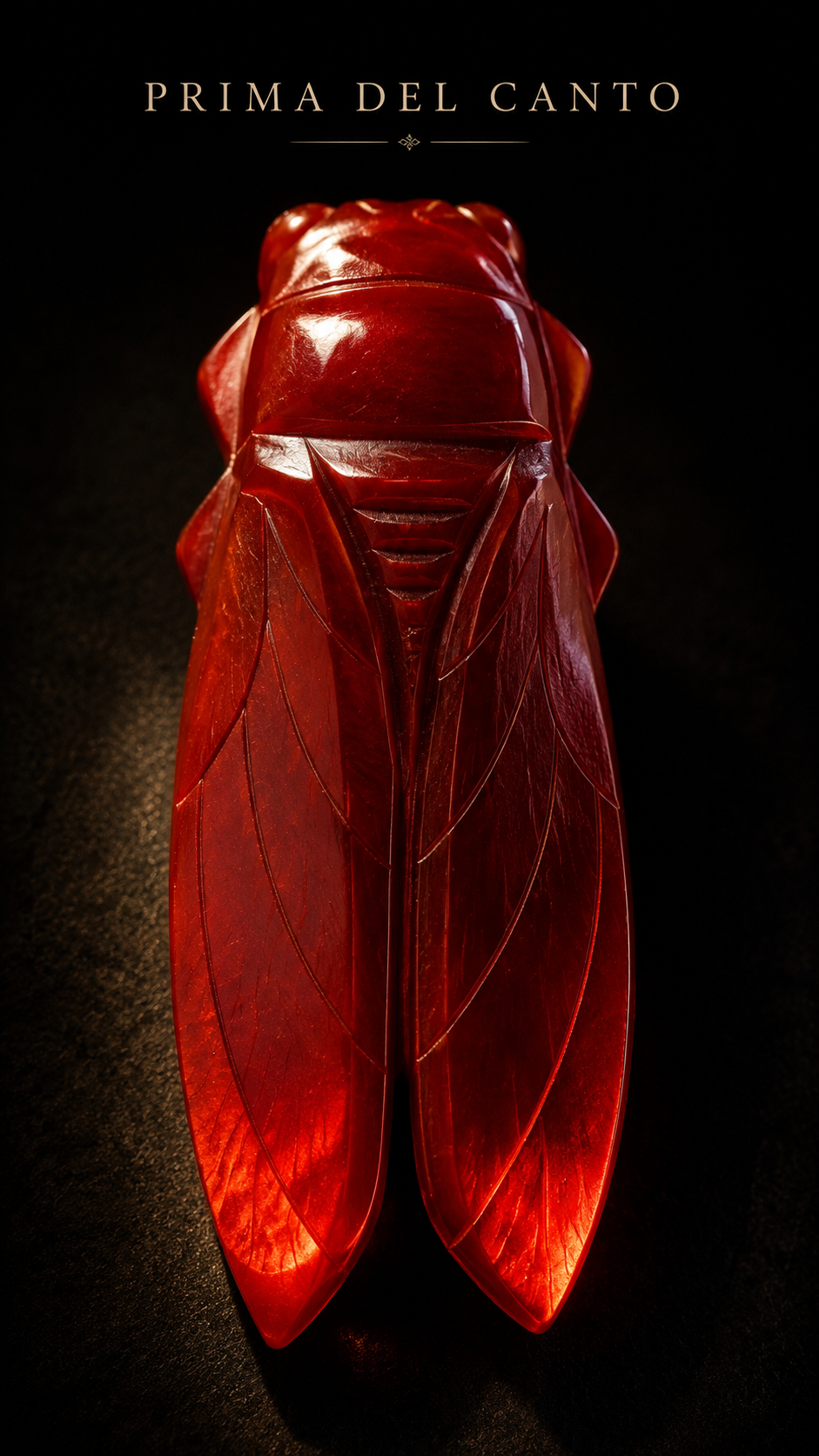 Grande spilla art déco in corno tinto scolpita a guisa di cicala