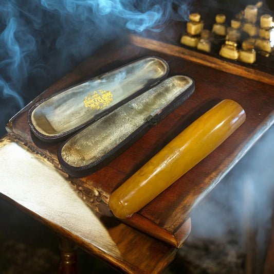 Antico bocchino da sigaro, bachelite marmorizzata, con custodia d’epoca