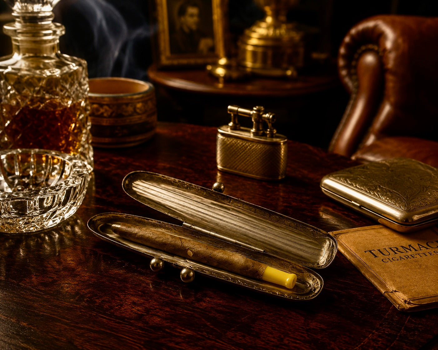 Elegante porta sigaro da viaggio anni ‘30 in alpacca, con cigarillo d’epoca e bocchino