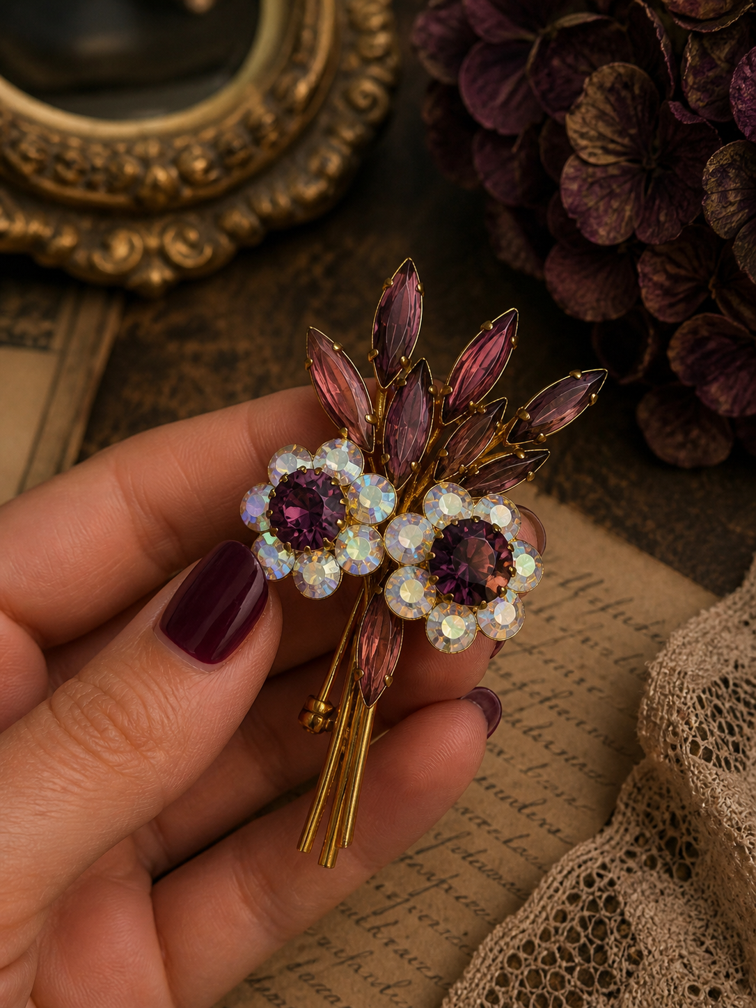 Spilla a bouquet floreale belga con Aurora Borealis in confezione originale d’epoca