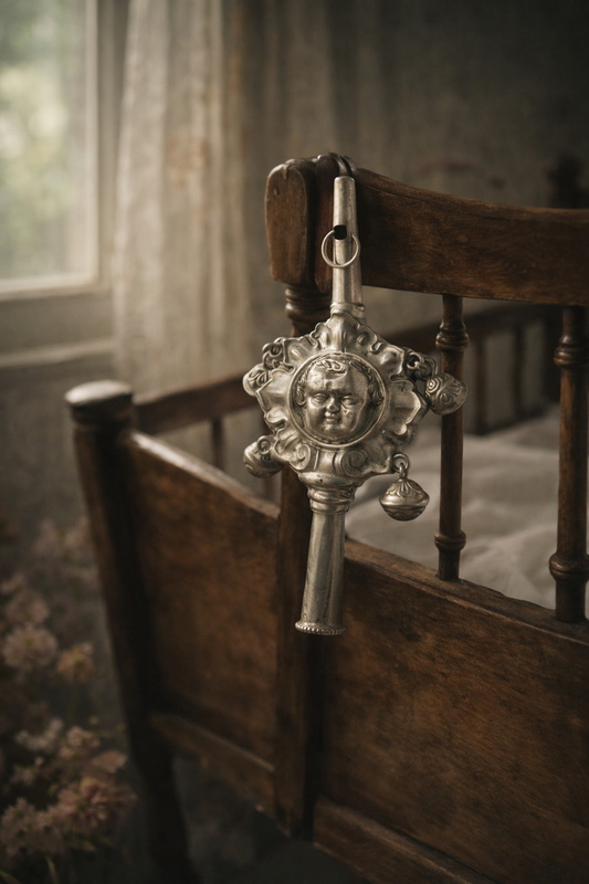 Amuleto/gioco da culla in argento con sonagli, seconda metà ‘800, molto raro