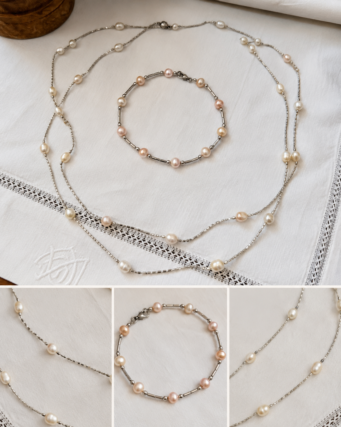 Parure sautoir collana perle 120 cm anni 50 e bracciale Boemi