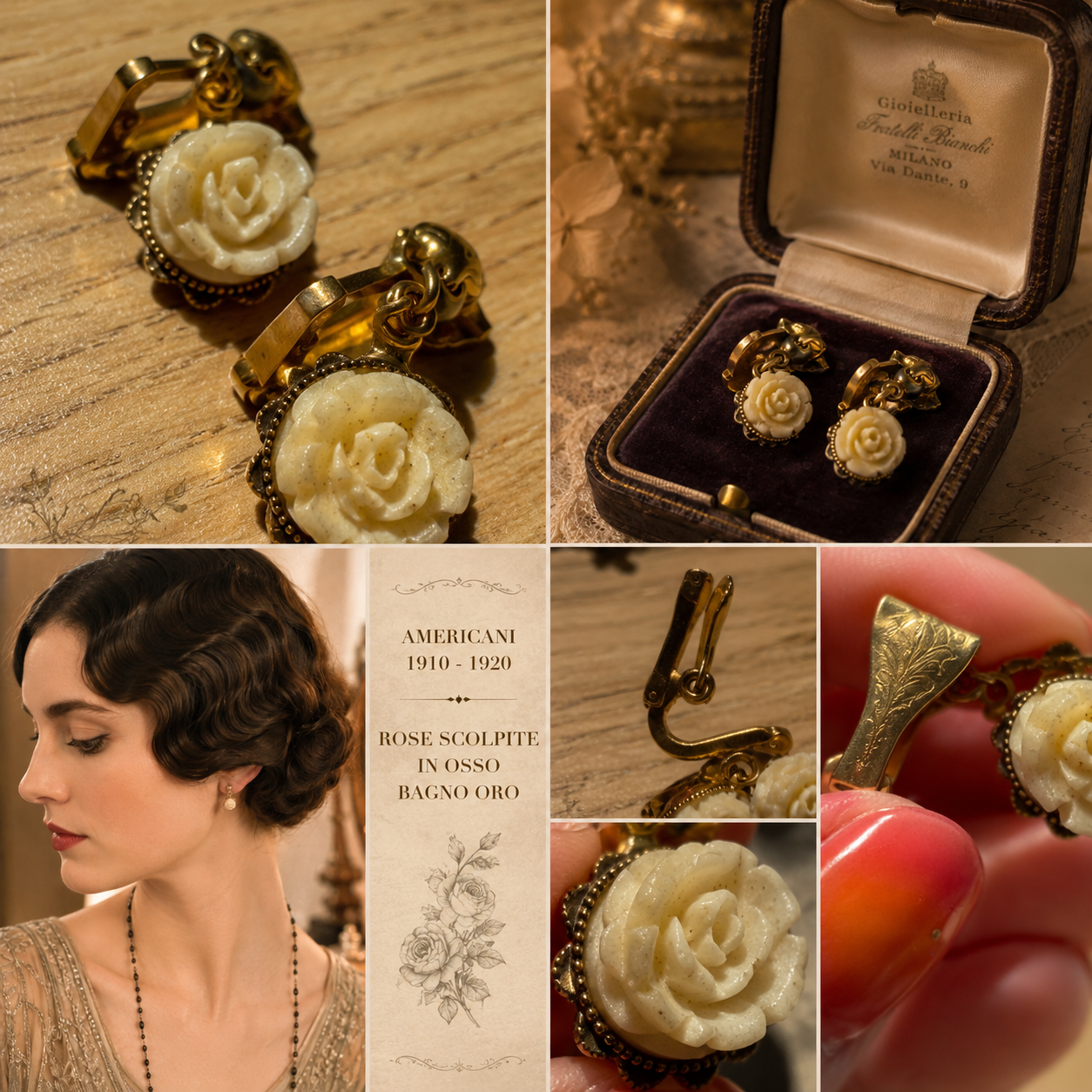 Orecchini clip americani bagno oro 1910-1920 con rose scolpite in osso