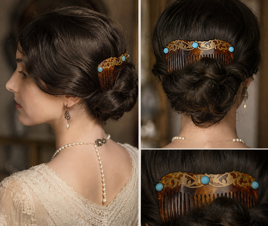 Grande pettinessa Liberty effetto tartaruga con vetri color turchese e decorazione ottone