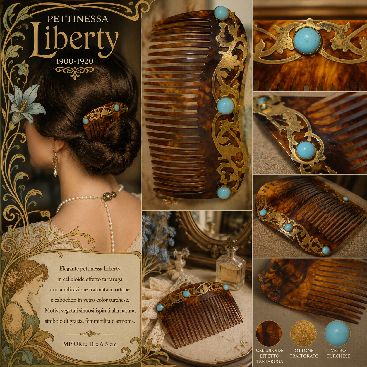Grande pettinessa Liberty effetto tartaruga con vetri color turchese e decorazione ottone