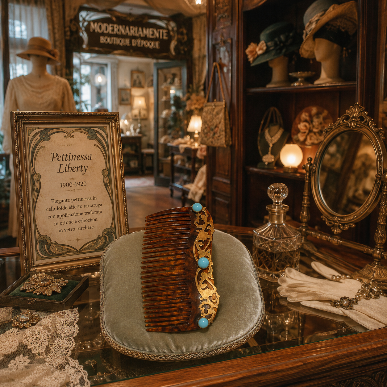 Grande pettinessa Liberty effetto tartaruga con vetri color turchese e decorazione ottone