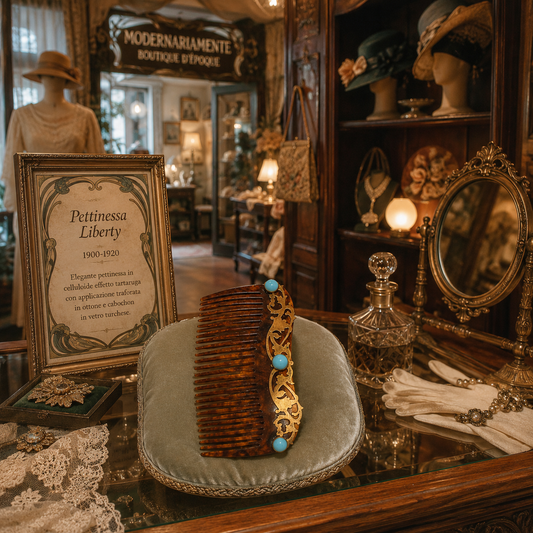 Grande pettinessa Liberty effetto tartaruga con vetri color turchese e decorazione ottone