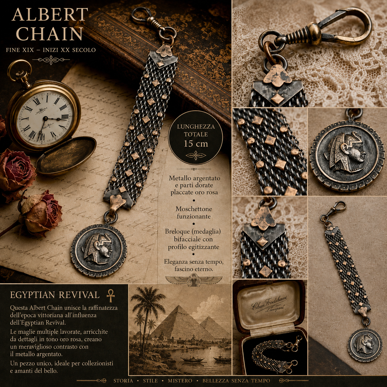 Albert chain da panciotto con maglia argentata e placchette dorate, breloque egittizzante, primissimo ‘900