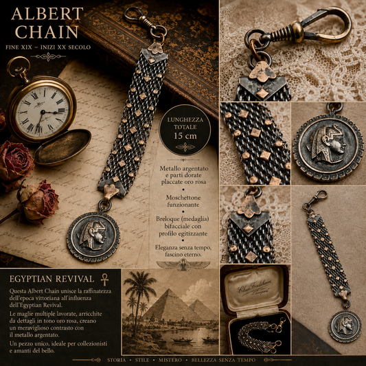 Albert chain da panciotto con maglia argentata e placchette dorate, breloque egittizzante, primissimo ‘900