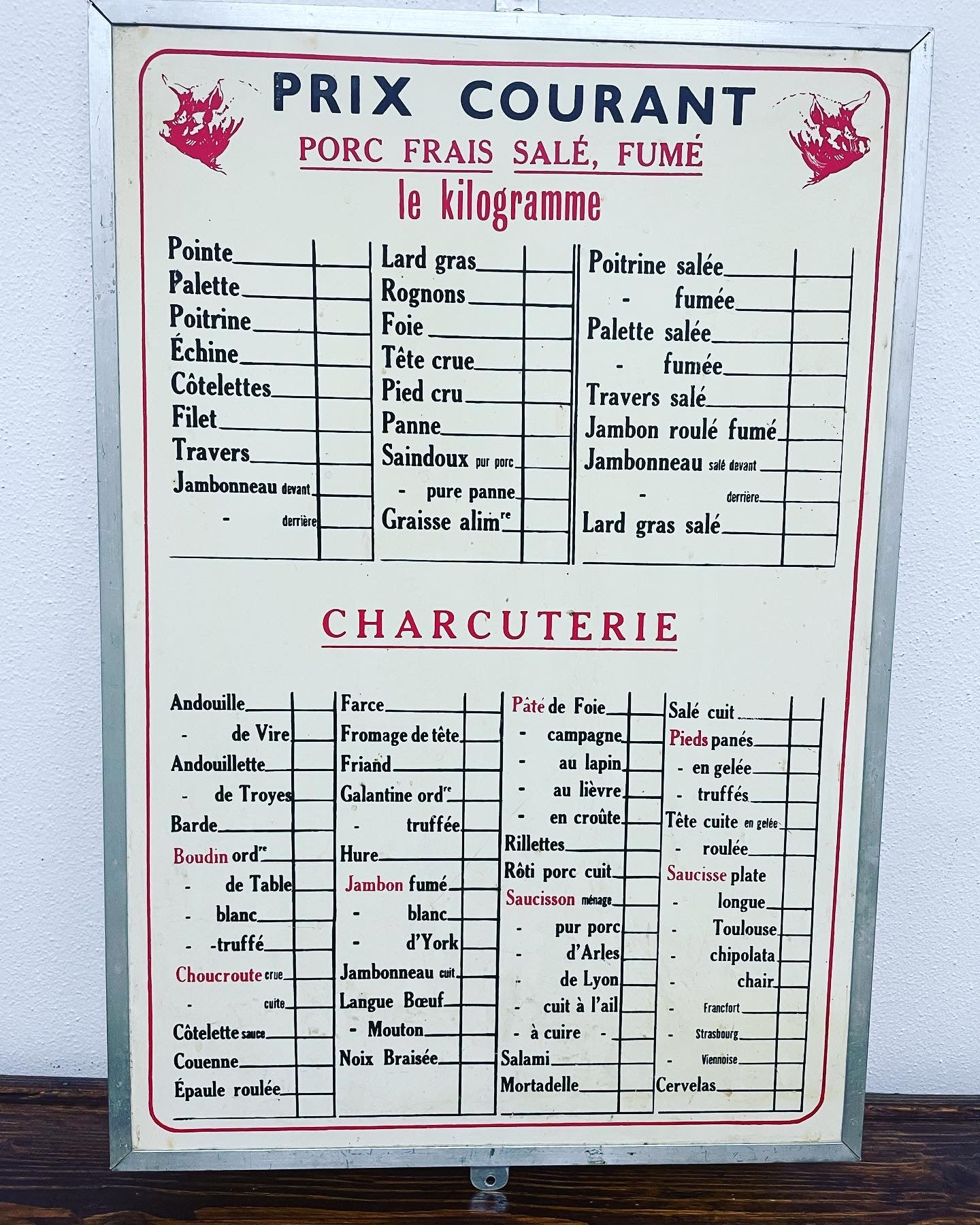 Butcher's price list