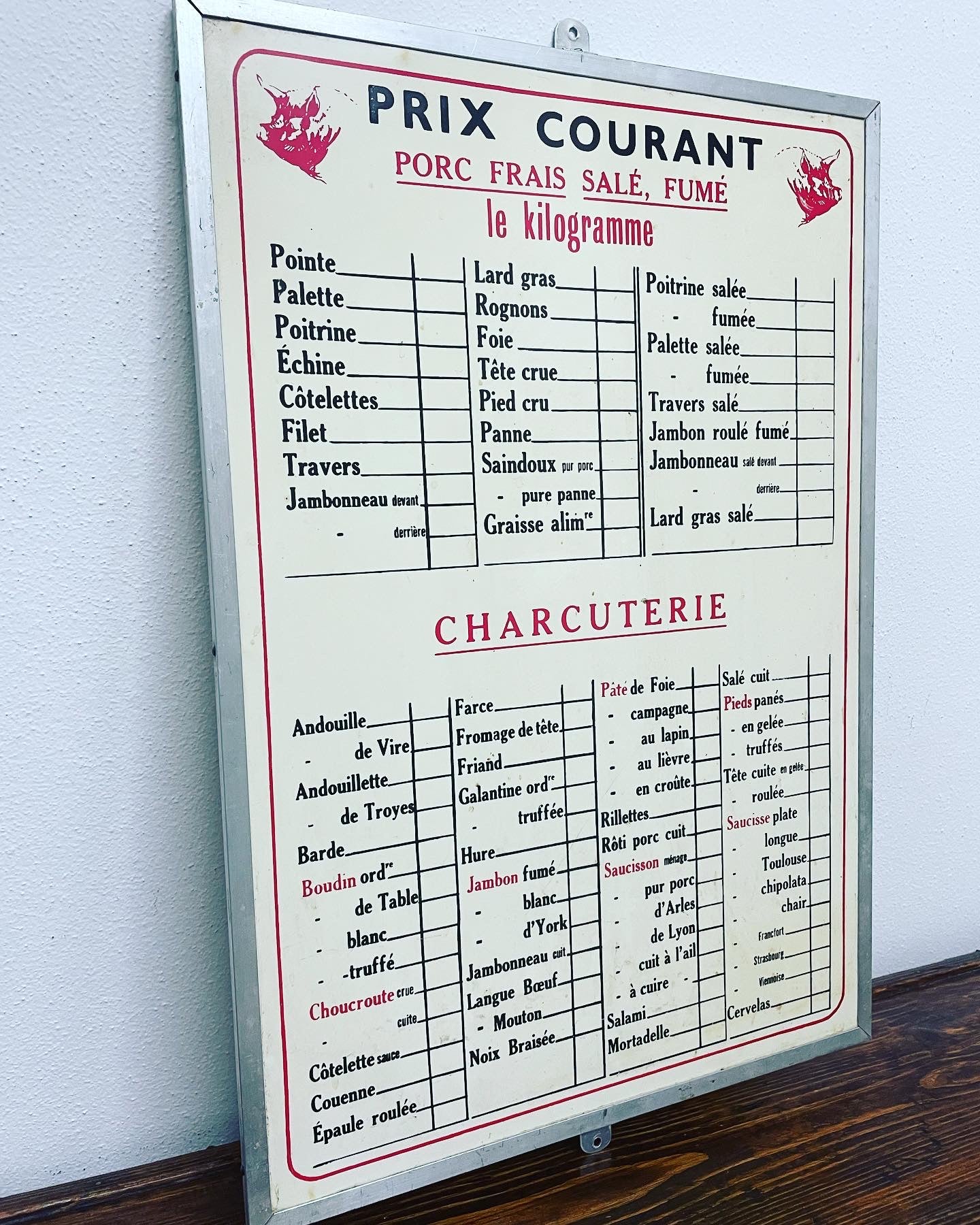 Butcher's price list